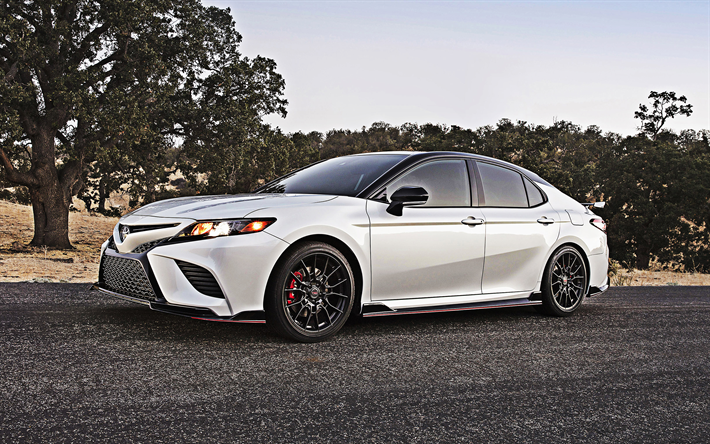 2020, Toyota Camry TRD, side view, new white Camry, tuning Camry, Japanese cars, USA, Toyota, 4k