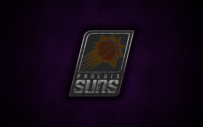Phoenix Suns, 4k, American Club di Pallacanestro, logo in metallo, arte creativa, NBA, emblema, viola metallo, sfondo, Phoenix, Arizona, USA, basket, Associazione Nazionale di Basket, la Western Conference