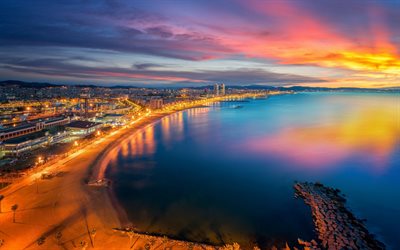 برشلونة, مساء, غروب الشمس, الشاطئ, الساحل, البحر الأبيض المتوسط, جامود, إسبانيا