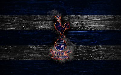 Tottenham Hotspur FC, fire logo, Premier League, blue and white lines, english football club, grunge, football, soccer, logo, Tottenham Hotspur, wooden texture, England