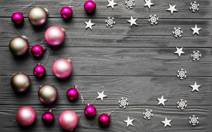 Violetti joulupallot, Uusi Vuosi, harmaa puinen tausta, puiset t&#228;hdet, Joulu, runko, harmaa levyt