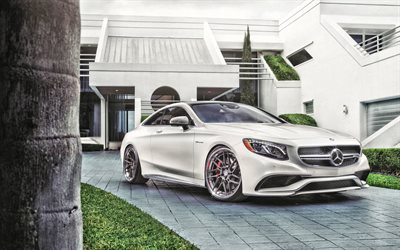 Mercedes-Benz S63 AMG, white luxury coupe, tuning S63, German cars, S 63, 4MATIC, Mercedes