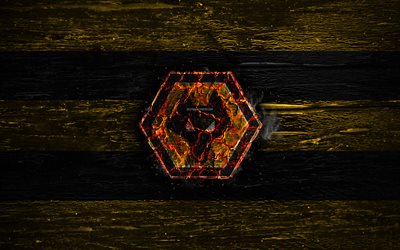 Wolverhampton Wanderers FC, fire logo, Premier League, yellow and black lines, english football club, grunge, football, soccer, logo, Wolverhampton Wanderers, wooden texture, England