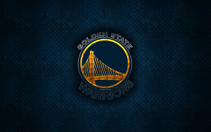 Golden State Warriors, 4k, Amerikan Basketbol Kul&#252;b&#252;, metal logo, yaratıcı sanat, NBA, amblemi, mavi metal arka plan, Oakland, California, ABD, Basketbol, Batı Konferansı