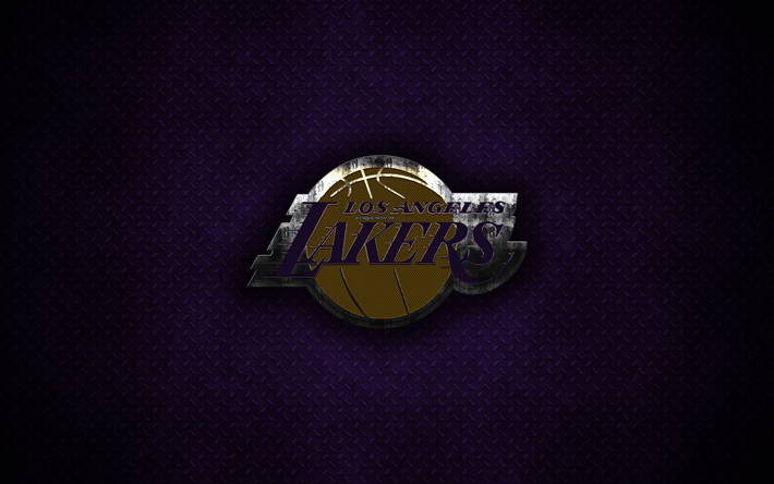 Los Angeles Lakers, 4k, American Basketball Club, metal logo, LA Lakers, creative art, NBA, emblem, purple metal background, Los Angeles, California, USA, basketball, National Basketball Association, Western Conference