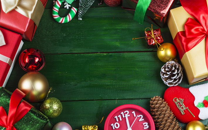 Christmas frame, green wooden background, gifts, watches, New Year, Christmas, balls