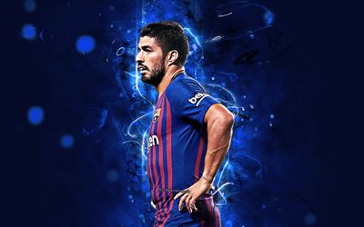 Luis Suarez, side view, forward, La Liga, Barcelona FC, uruguayan footballers, FCB, Suarez, Barca, football stars, neon lights, soccer, LaLiga