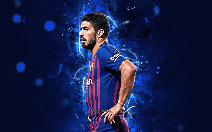 Luis Suarez, side view, fram&#229;t, Ligan, FC Barcelona, uruguayanska fotbollsspelare, FCB, Suarez, Barca, fotboll stj&#228;rnor, neon lights, fotboll, LaLiga