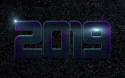 2019 year, black background, starry sky, purple metallic letters, art, space, stars, 2019 concepts, Happy New Year