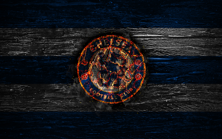 Chelsea FC, fire logo, Premier League, blue and white lines, english football club, grunge, football, soccer, logo, Chelsea, wooden texture, England