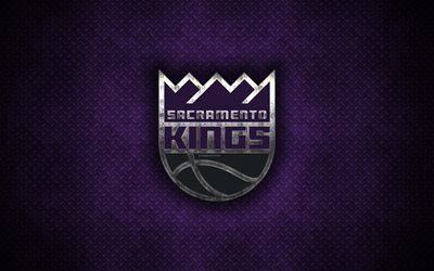 Sacramento Kings, 4k, American Basketball Club, metal logo, creative art, NBA, emblem, purple metal background, Sacramento, California, USA, basketball, National Basketball Association, Western Conference