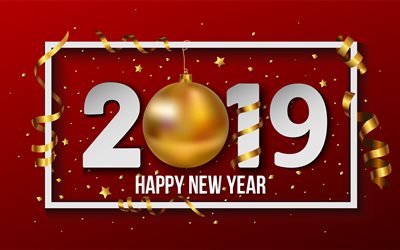 4k, Happy New Year 2019, red background, golden ball, 2019 concepts, white digits, 2019 year, artwork
