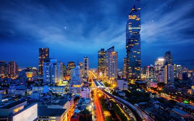 Bangkok, Tayland, gece, şehir ışıkları, g&#246;kdelenler, modern mimarisi, b&#252;y&#252;k şehir