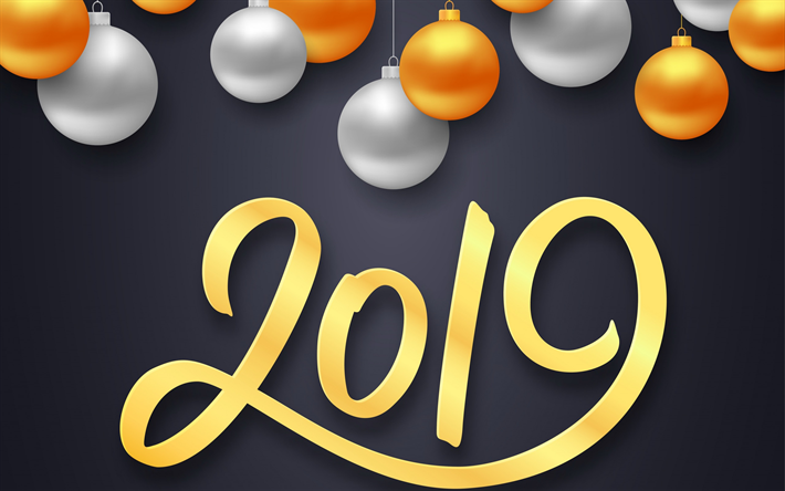 Yeni Yıl, 2019, gri arka plan, 2019 kavramlar, 3D altın Noel topları, Yeni yılınız kutlu olsun