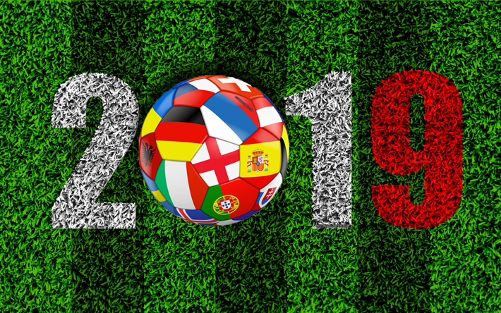 2019年, サッカーの概念, 2019概念, 新2019年, サッカー場, 緑の芝生, サッカーボール, 世界各国の国旗国, 国際大会2019年, サッカー2019年, 美術