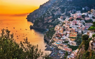 Amalfi coast, evening, sunset, coast, sea, Positano, Mediterranean Sea, Italy, Amalfi
