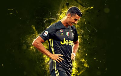 Ronaldo, black uniform, CR7 Juve, striker, Bianconeri, portuguese footballers, Juventus FC, abstract art, soccer, Serie A, Cristiano Ronaldo, neon lights, CR7
