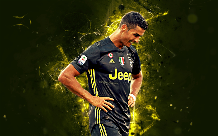 Ronaldo, uniforme preto, CR7 Juve, atacante, A Juventus, futebolistas portugu&#234;s, A Juventus FC, a arte abstrata, futebol, Serie A, Cristiano Ronaldo, luzes de neon, CR7