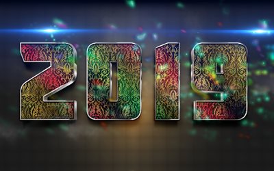 2019 year, stylish floral letters, digits, 2019 concept, 3d letters, creative art, Happy New Year, stylish background, blur