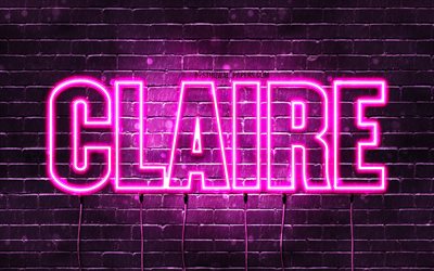 Claire, 4k, fondos de pantalla con los nombres, los nombres femeninos, Claire nombre, p&#250;rpura luces de ne&#243;n, el texto horizontal, imagen con el nombre de Claire