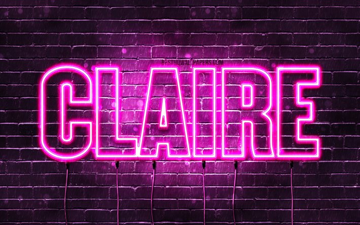 Claire, 4k, wallpapers with names, female names, Claire name, purple neon lights, horizontal text, picture with Claire name
