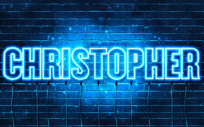 Christopher, 4k, les papiers peints avec les noms, le texte horizontal, Christopher nom, bleu n&#233;on, une photo avec le nom Christopher