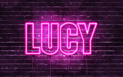 Lucy, 4k, fondos de pantalla con los nombres, los nombres femeninos, Lucy nombre, p&#250;rpura luces de ne&#243;n, el texto horizontal, imagen con el nombre de Lucy