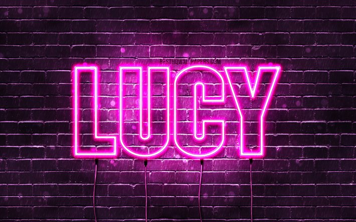 Lucy, 4k, isim Lucy adı ile, Bayan isimleri, Lucy adı, mor neon ışıkları, yatay metin, resim ile duvar kağıtları