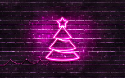 Purple neon Christmas Tree, 4k, purple brickwall, Happy New Years Concept, Purple Christmas Tree, Xmas Trees, Christmas Trees