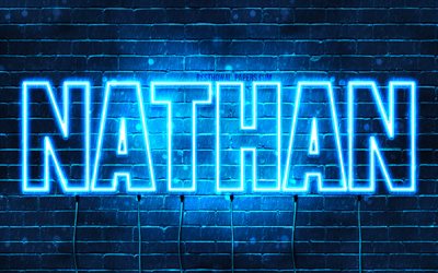 Nathan, 4k, wallpapers with names, horizontal text, Nathan name, blue neon lights, picture with Nathan name