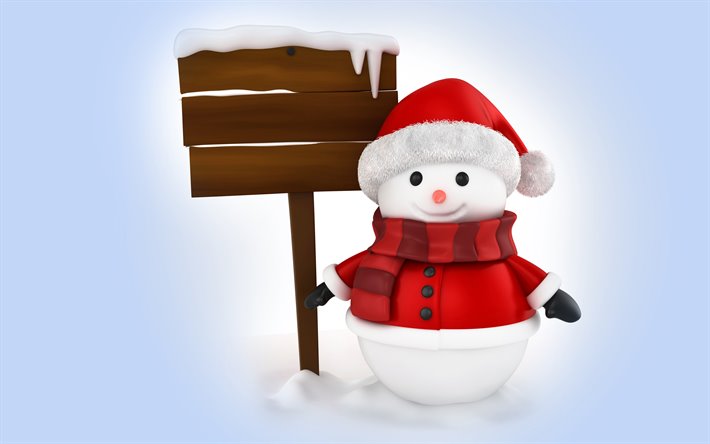 snowman with board, 3D art, christmas decorations, winter, xmas backgrounds, christmas concepts, happy new year, snowman, xmas decorations, background with snowman