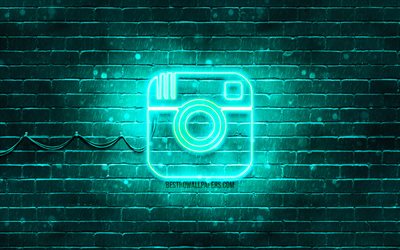 Instagram turquoise logo, 4k, turquoise brickwall, Instagram logo, marques, Instagram n&#233;on logo, Instagram