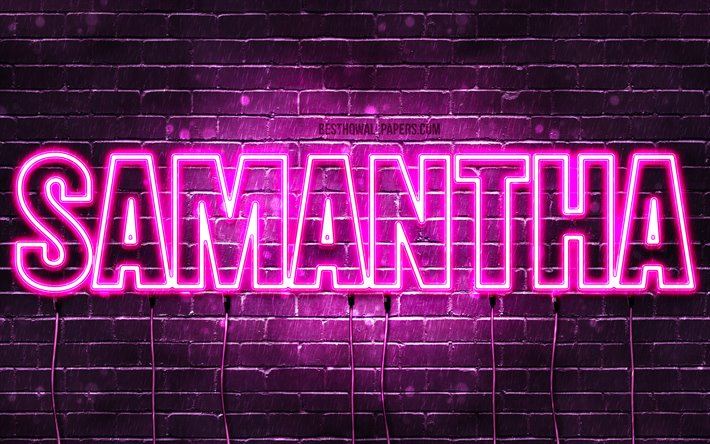 Samantha, 4k, wallpapers with names, female names, Samantha name, purple neon lights, horizontal text, picture with Samantha name