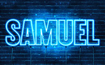 Samuel, 4k, wallpapers with names, horizontal text, Samuel name, blue neon lights, picture with Samuel name