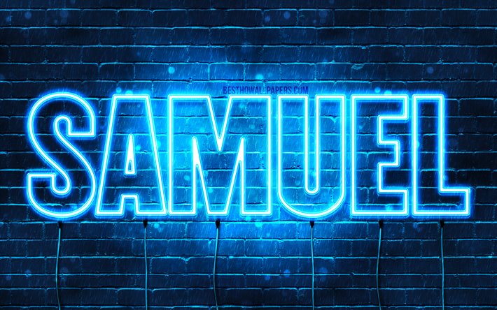 Samuel, 4k, tapeter med namn, &#246;vergripande text, Samuel namn, bl&#229;tt neonljus, bild med Samuel namn