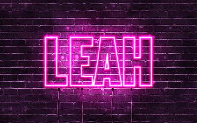 Leah, 4k, wallpapers with names, female names, Leah name, purple neon lights, horizontal text, picture with Leah name