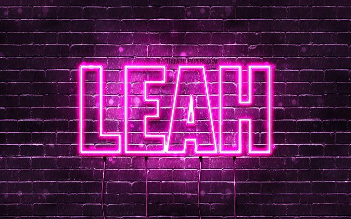 Leah, 4k, wallpapers with names, female names, Leah name, purple neon lights, horizontal text, picture with Leah name