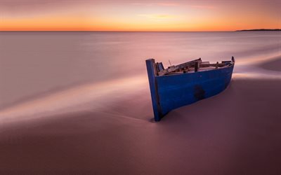 blue wooden boat, coast, seascape, sunset, evening, old boat, mood concepts