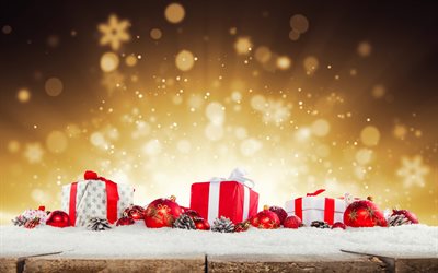 christmas gifts, 4k, xmas decorations, New Year, christmas wooden background, christmas decorations, golden xmas bells