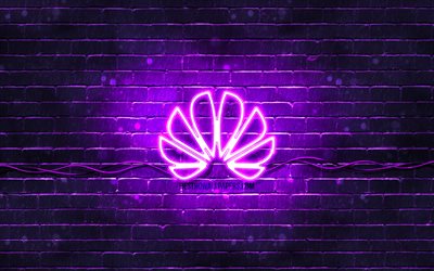 Huawei viola logo, 4k, viola, brickwall, Huawei logo, marchi, Huawei neon logo Huawei