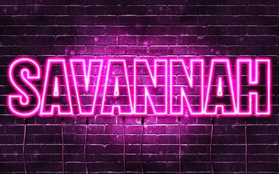 Savannah, 4k, pap&#233;is de parede com os nomes de, nomes femininos, Savannah nome, roxo luzes de neon, texto horizontal, imagem com Savannah nome