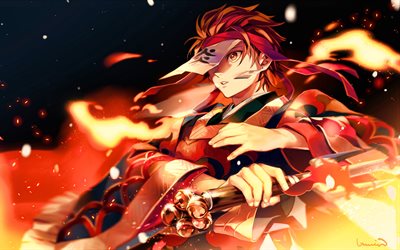 Tanjirou Kamado, sword, samurai, Kimetsu no Yaiba, Tanjirou, fire flames, artwork, manga, Kamado Tanjiro