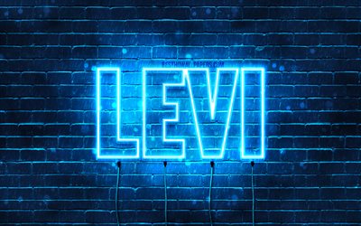 Levi, 4k, wallpapers with names, horizontal text, Levi name, blue neon lights, picture with Levi name