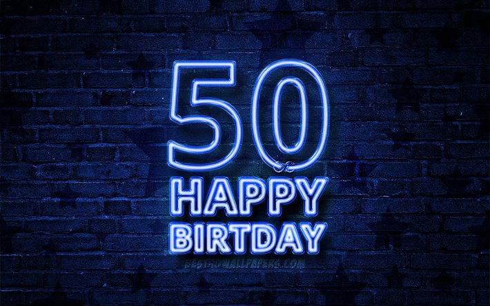 Felice di 50 Anni di Compleanno, 4k, neon blu, testo, 50 &#176; Festa di Compleanno, blu, brickwall, Felice 50 &#176; compleanno, feste di Compleanno, concetto, Festa di Compleanno 50 &#176; Compleanno