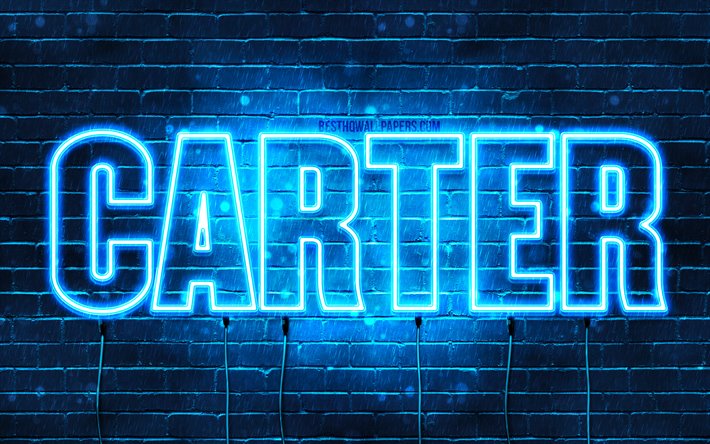 Carter, 4k, les papiers peints avec les noms, le texte horizontal, Carter nom, bleu n&#233;on, une photo avec le nom de Carter
