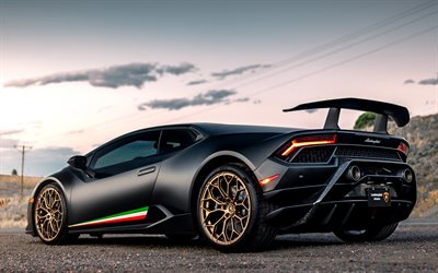2019, Lamborghini Huracan Performante, rear view, exterior, matte black supercar, tuning Huracan, matte black Huracan, Italian flag, Italian sports car, Lamborghini