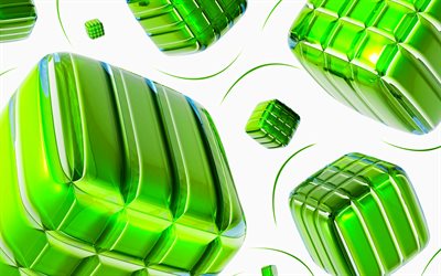 verde 3D cubos, formas geom&#233;tricas, Arte 3D, cubos, geometria