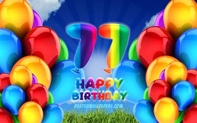 4k, 嬉しい77年の誕生日, 曇天の背景, 誕生パーティー, カラフルなballons, 嬉しい77歳の誕生日, 作品, 77歳の誕生日, 誕生日プ, 77誕生パーティー