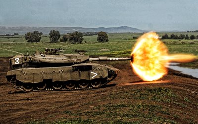 Merkava, Israeli main battle tank, tank shot moment, modern armored vehicles, Israel Defense Forces, Israel, tanks