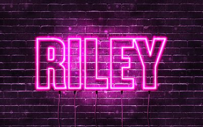 Riley, 4k, adları Riley adı ile, Bayan isimleri, Riley adı, mor neon ışıkları, yatay metin, resim ile duvar kağıtları